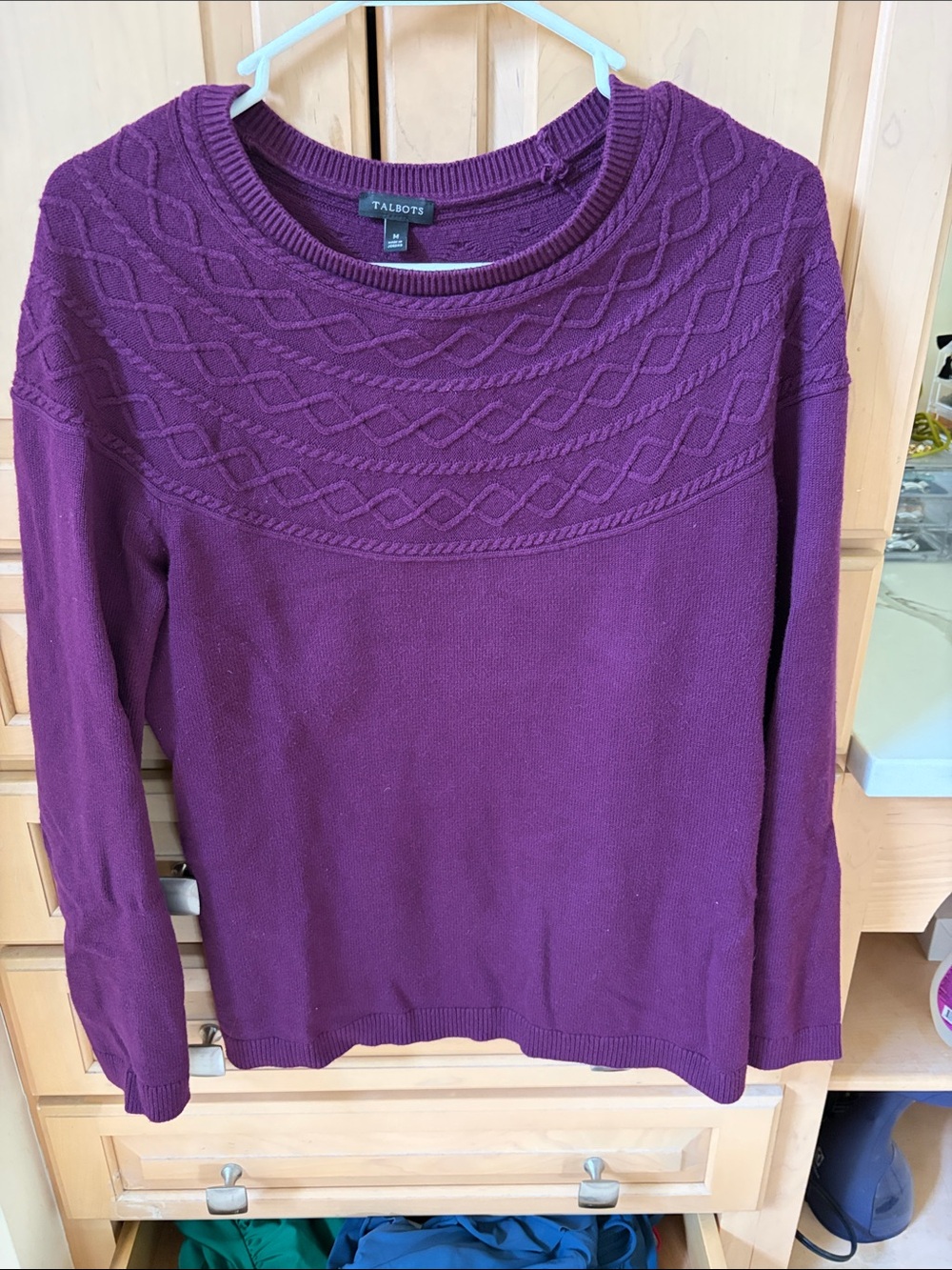 Talbots Plum Cable-Yoke Crewneck Sweater